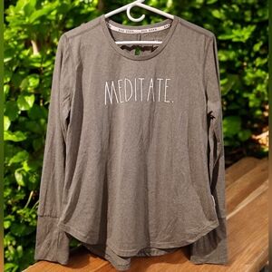Rae Dunn Meditate Long Sleeve Grey Green Womans Tshirt Slit Back XL